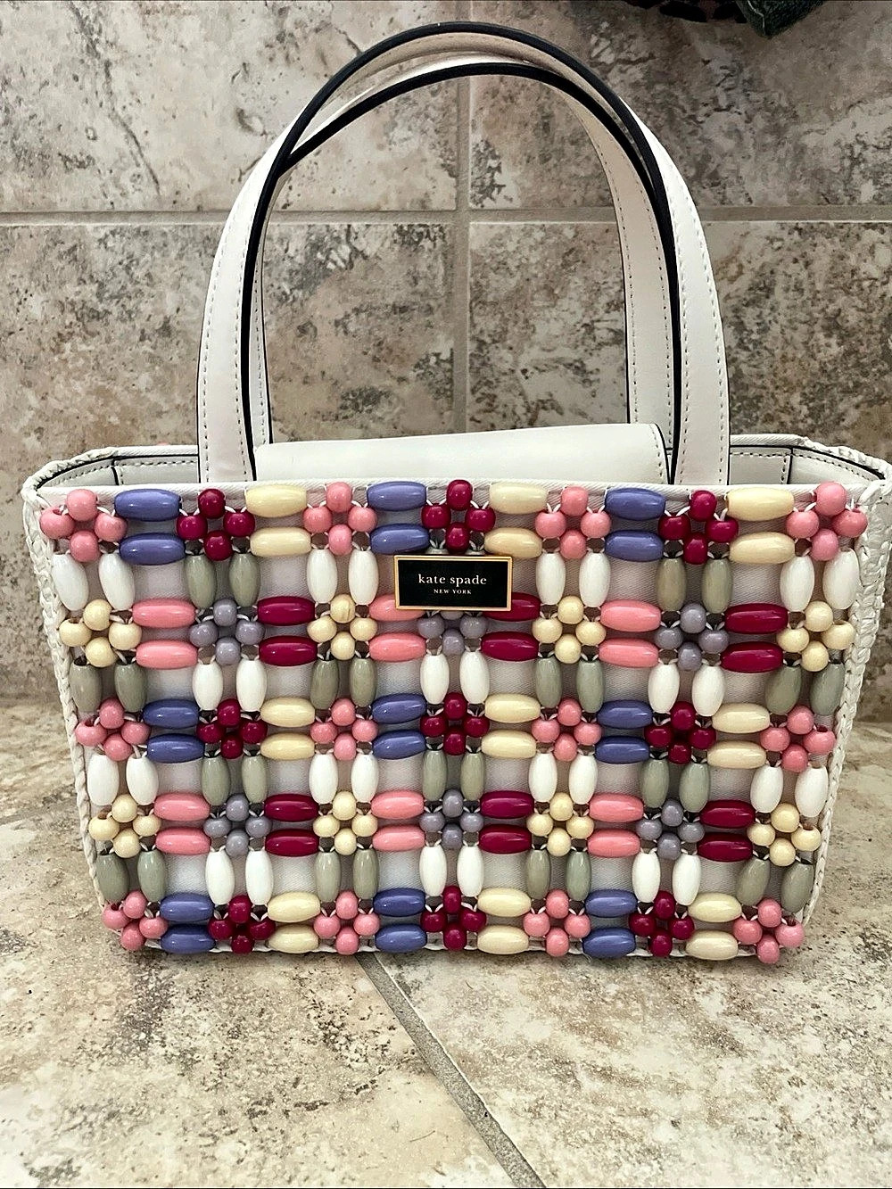HTF Kate Spade New York Sam Icon Beaded Cream Raffia Small Tote Hand Bag Gem